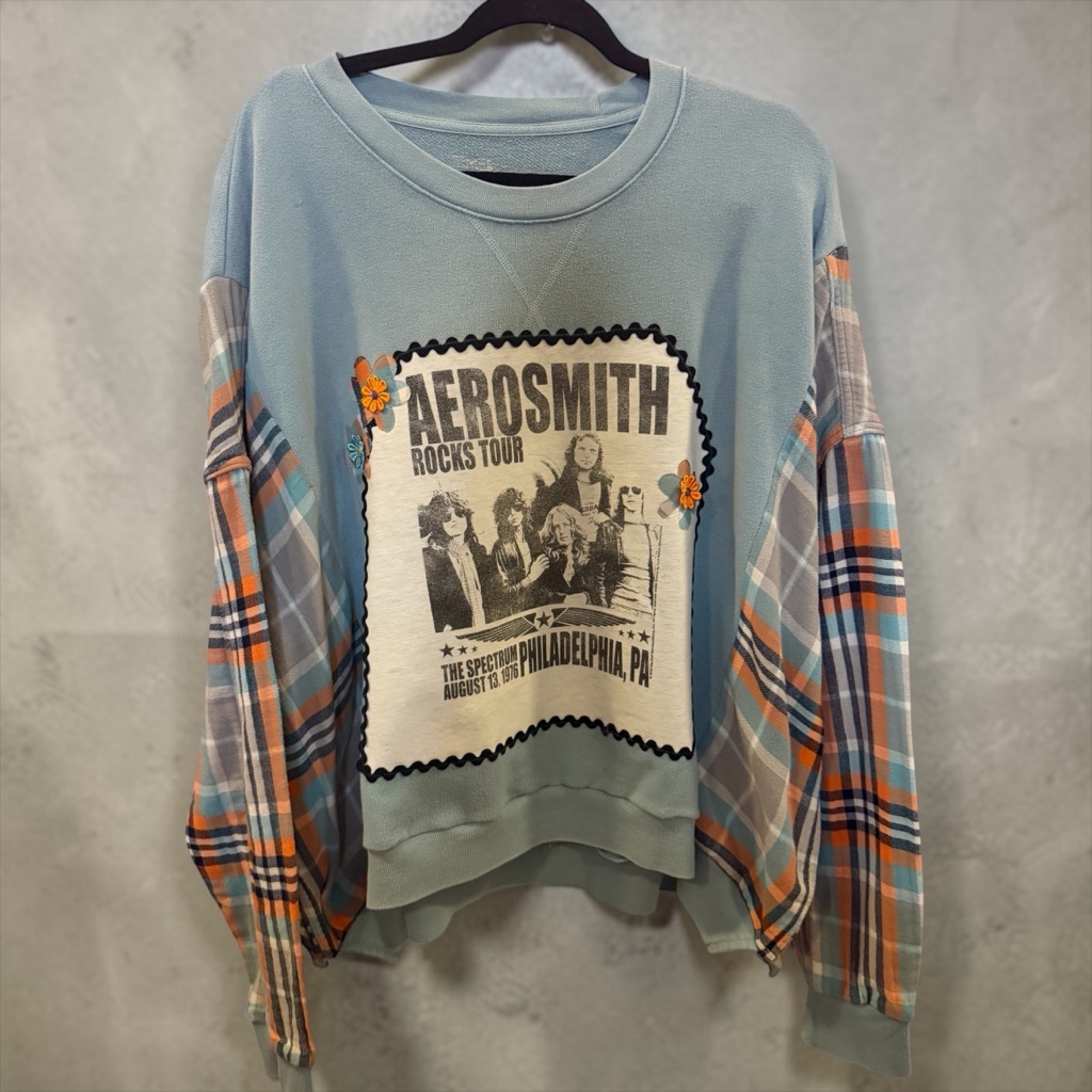 Aerosmith Rocks Tour Graphic Pullover Sweatshirt - Light Blue With Plaid Sleeves